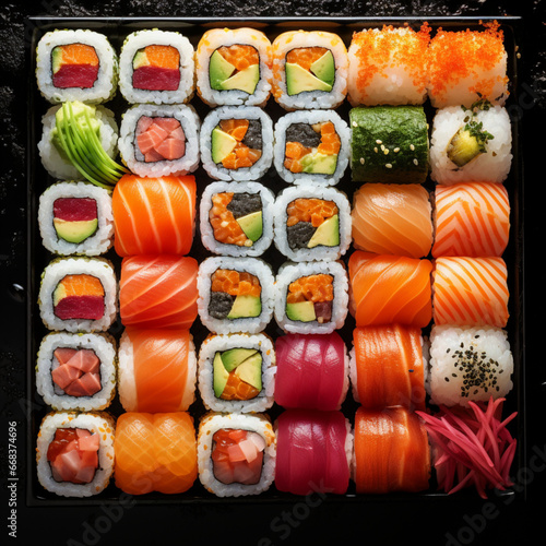 Fondo con detalle y textura de multitud de cortes de sushi de diferentes composiciones, sobre fondo de color negro