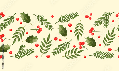 Xmas nature design seamless border, frame. Green pine, fir twigs, red berries on light background. Vector illustration. Greeting banner template, headers, posters. New Year's symbols.