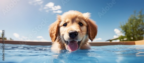 Isolated golden retriever puppy on blue background Front view portrait in studio