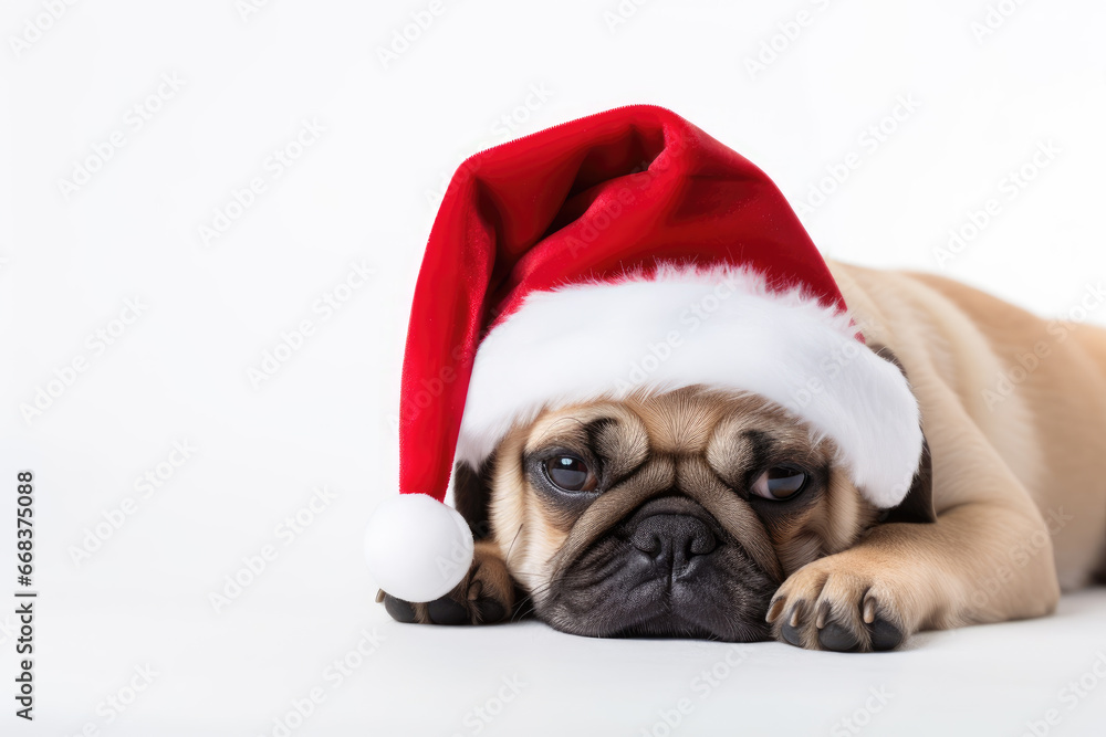 Cute sad pug dog puppy in Santa Claus hat lying on ground isolated on white background