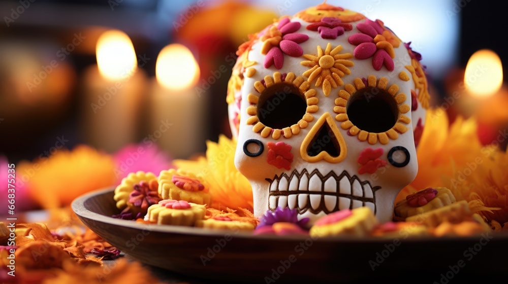 A sugar skull sitting on top of a plate