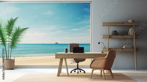 A room with a desk  chair and a large window overlooking the ocean