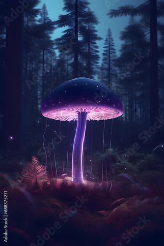 Mushroom in the forest. There are magic neon mushrooms in the middle of a forest landscape.