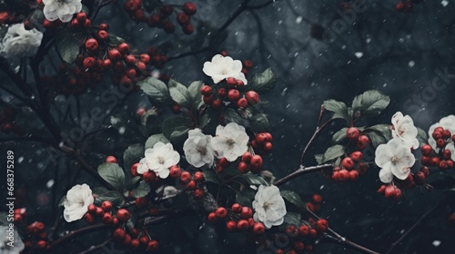 A bunch of red and white flowers on a tree