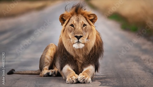 lion sitting on the road and looking to the camera © fitpinkcat84