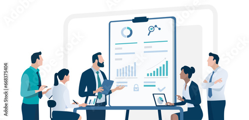 Strategy. Meeting. A leader explains business strategy standing on front of a flipchart. The team is working on a project. Vector illustration