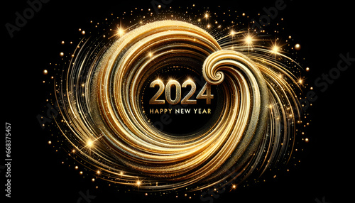 2024 New Year  Happy New year abstract golden ornament  gold glittery swirl. Golden Beginnings  Welcoming 2024. Generative AI
