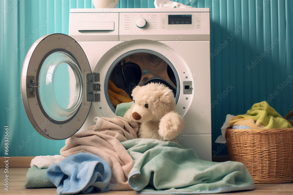Washing children's clothes. Washing machine with a clean washed towel and a teddy bear in the laundry room Washing children's clothes. Washing machine with a clean washed towel and a teddy bear in the laundry room