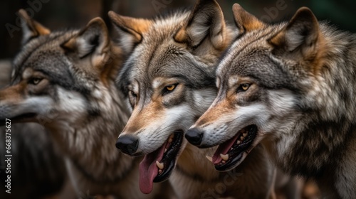 Group of wolves in the forest. Selective focus on eyes. Wildlife concept with a copy space.