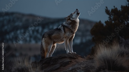 A Coyote searches for a meal on a rock in the desert. Wildlife concept with a copy space.