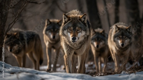 Group of wolves in the forest in winter. Selective focus. Wildlife concept with a copy space.