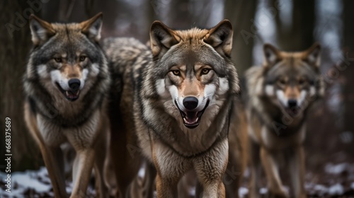 Three grey wolf (Canis lupus) in the forest. Wildlife concept with a copy space. © John Martin