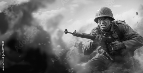 A World War II Soldier in Uniform, Holding a Rifle, Stands Heroically Against a War Scene Background, Symbolizing Courage and Heroism