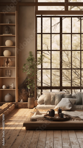 Cozy and wooden japandi interior with plants and a tall wooden shelf. Direct view into autumnal forrest. AI generated.