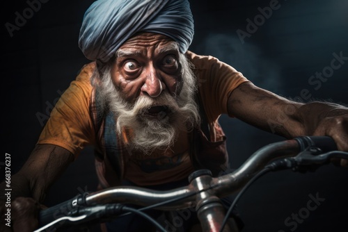 East Indian Male Elderly Cycling Extreme Sports Backdrop Generative AI © Johnathan