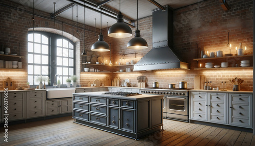 geräumige Küche im Industrial Stil, mit einer Backsteinwand, Industrieleuchten und einer großen Kochinsel in der Mitte photo