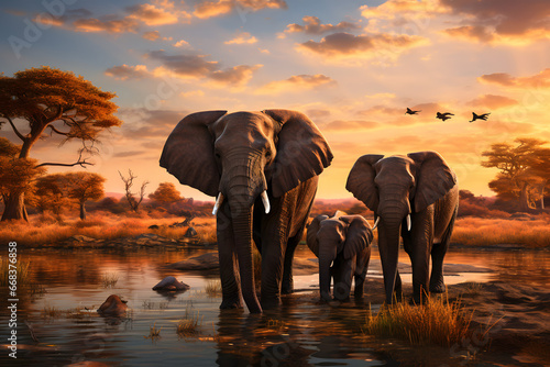 elephants are standing in the water