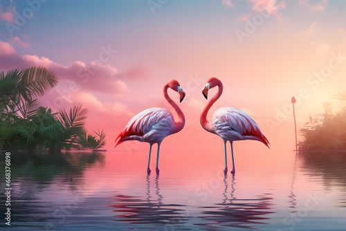 two birds standing on top of a body of water
