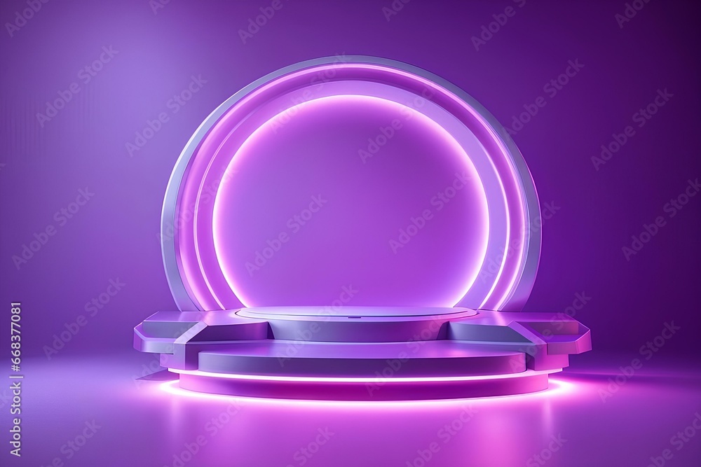 Product presentation with a modern futuristic circle podium with neon purple lights and purple background. Product presentation with a modern futuristic circle podium with neon purple lights and purple background.