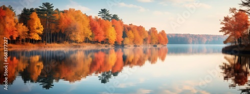 Calm lake reflecting vibrant autumn foliage, serene waters, picturesque landscape.