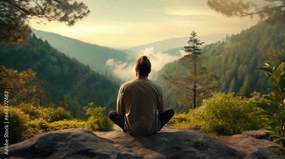 Fototapeta premium Man Practicing Mindfulness and Meditation in A Peaceful Natural Environment 