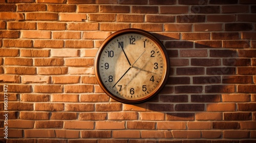 a charming vintage wall clock on a weathered brick wall, basking in the soft glow of an afternoon sun