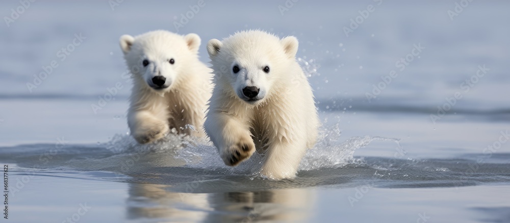 Polar bear cubs running on ice in Norway Polar bear cubs running on ice in Norway