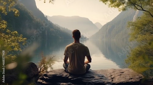 Man Practicing Mindfulness and Meditation in A Peaceful Natural Environment
 photo