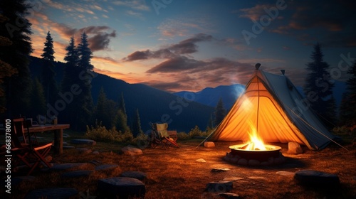 A cozy campsite in the wilderness, with a tent pitched beside a crackling fire.