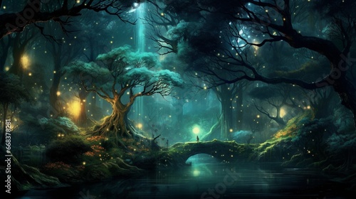 a digital forest filled with luminous, enchanted trees, standing in quiet communion with the stars