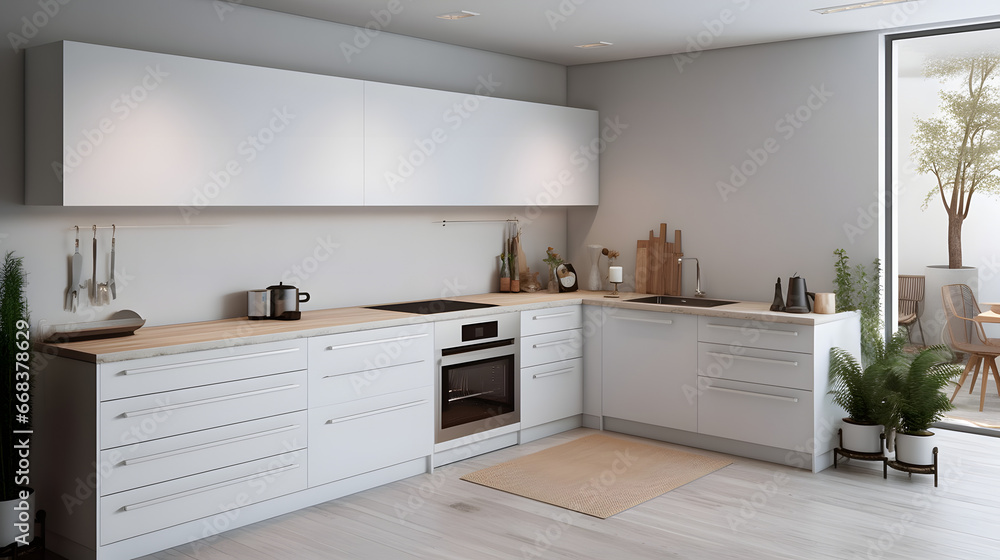 Interior of modern kitchen with white counters, oven and sink