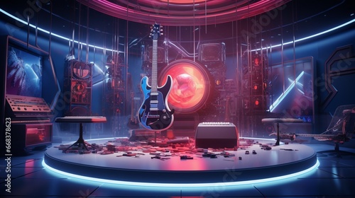 a futuristic music studio with a holographic guitar suspended in mid-air, where technology and music seamlessly coexist in a high-tech world