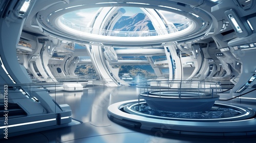 a futuristic space station interior with curved aluminum walls, representing the pinnacle of engineering and technology beyond Earth