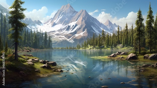 a hidden mountain lake nestled among pine trees, reflecting the rugged landscape in its crystal-clear waters