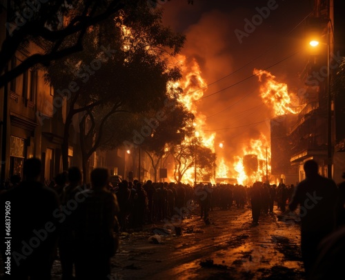 The result of military action between different nations. The consequences are terrible wars, destruction of people's infrastructure. Human rescue, fires and house demolition. Conflict clash saving. photo