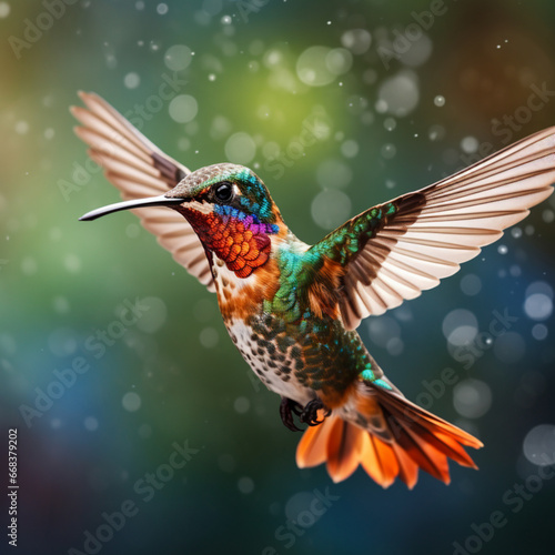 Fotografia de primer plano de colibri en vuelo, con colores intensos