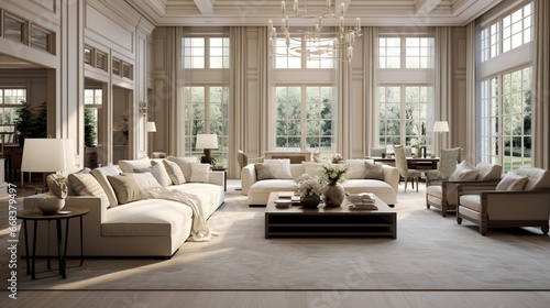 a luxurious living room with a plush sofa at the center, bathed in warm natural light