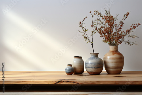 Empty wood table on isolated white background with display montage for product. AI generative © SANGHYUN