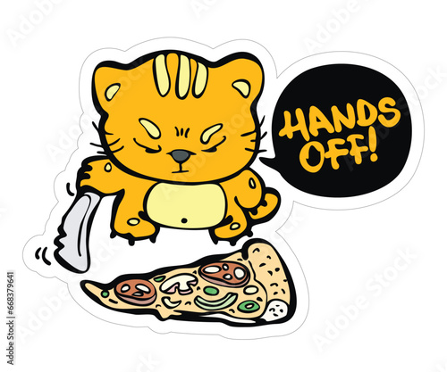 Cute angry red cat protecting his slice of pizza with big knife 