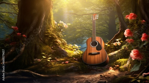 a mesmerizing scene with a guitar resting against a tree in a tranquil forest, where music and nature harmoniously coexist