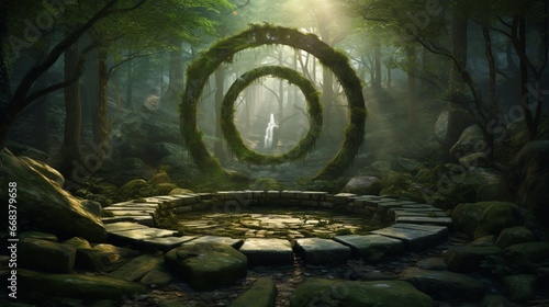a mesmerizing forest glade with ancient stones arranged in a circular formation, invoking a sense of sacredness and connection with nature photo