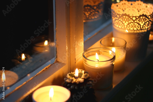 Lit candles and Christmas decorations on the window sill at night. Hygge at home. Selective focus.