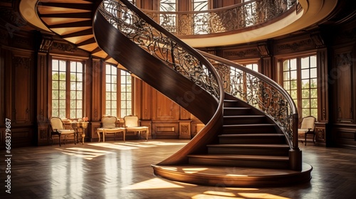 a mesmerizing spiral staircase made entirely of rich  polished wood  winding gracefully through a grand  sunlit room