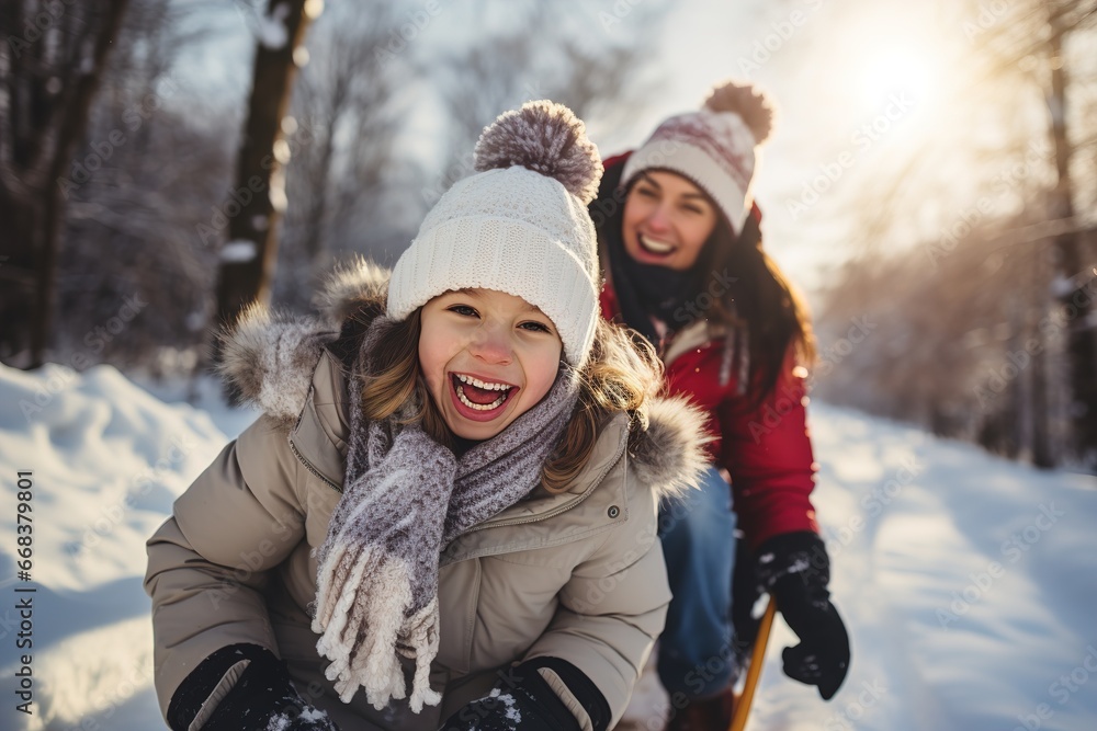 Happy family playing in the snow. Ai generative.