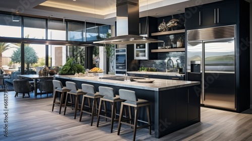 a modern kitchen with aluminum appliances and a central island, embodying the sleek and functional aesthetics of contemporary interior design
