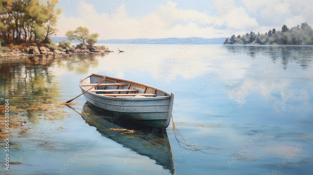 a peaceful lakeside scene with a wooden rowboat on a calm, reflective surface, the craftsmanship of the boat showcased in the clear waters