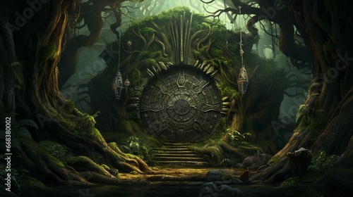 a mystical forest clearing with a colossal, ancient wooden portal, adorned with intricate carvings that invite passage into another world