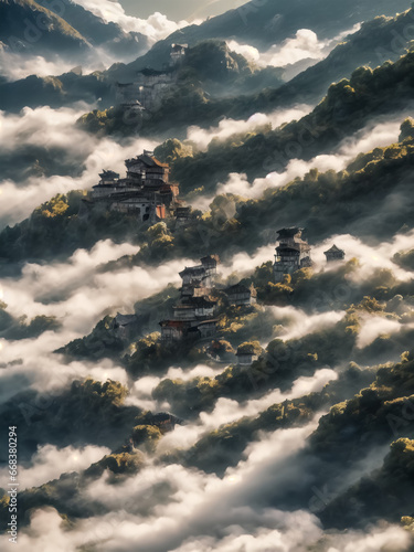 Clouds float over the mountains, mountains covered with greenery, plants, trees, buildings, houses on the slopes of the mountains. Fantasy, mythology. Vertical illustration