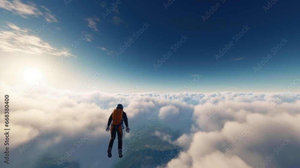 A man in a helmet and a jacket is flying above the clouds. Sport concept with a copy space.