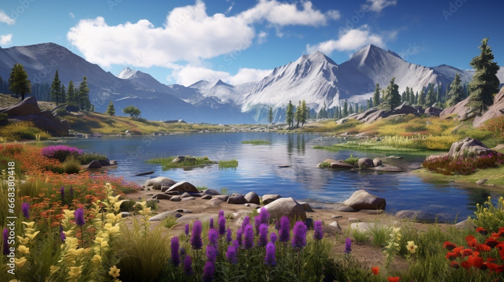 a rocky, high-altitude lake surrounded by wildflowers, creating a colorful and alpine-inspired landscape